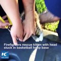 Firefighters in Louisiana rescue a kitten who has got its head stuck in the base of a basketball hoop.