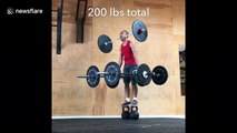 See if a man can lift 200 pounds with one of the barbells in his mouth