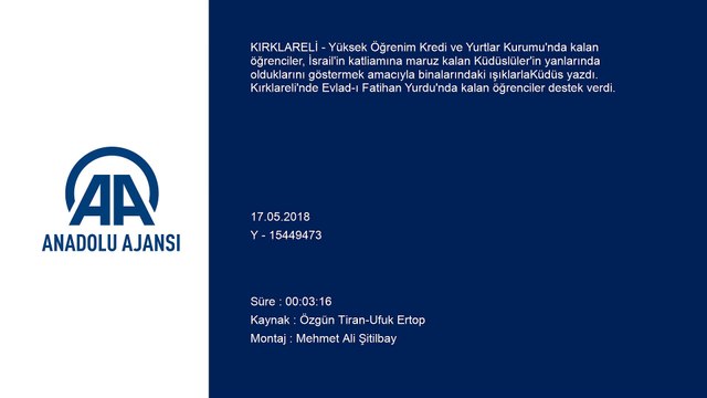 KYK yurtları 'Kudüs'e' ışıkla destek verdi - KIRKLARELİ