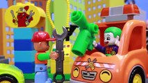 Duplo Lego Batman Batmobile is Towed by Joker and Tow Truck with Duplo Legos Superman Saving Him