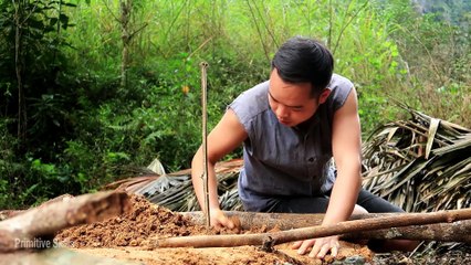 Primitive technology - Use the stone to make primitive hut, Made of bamboo - (Part-1)