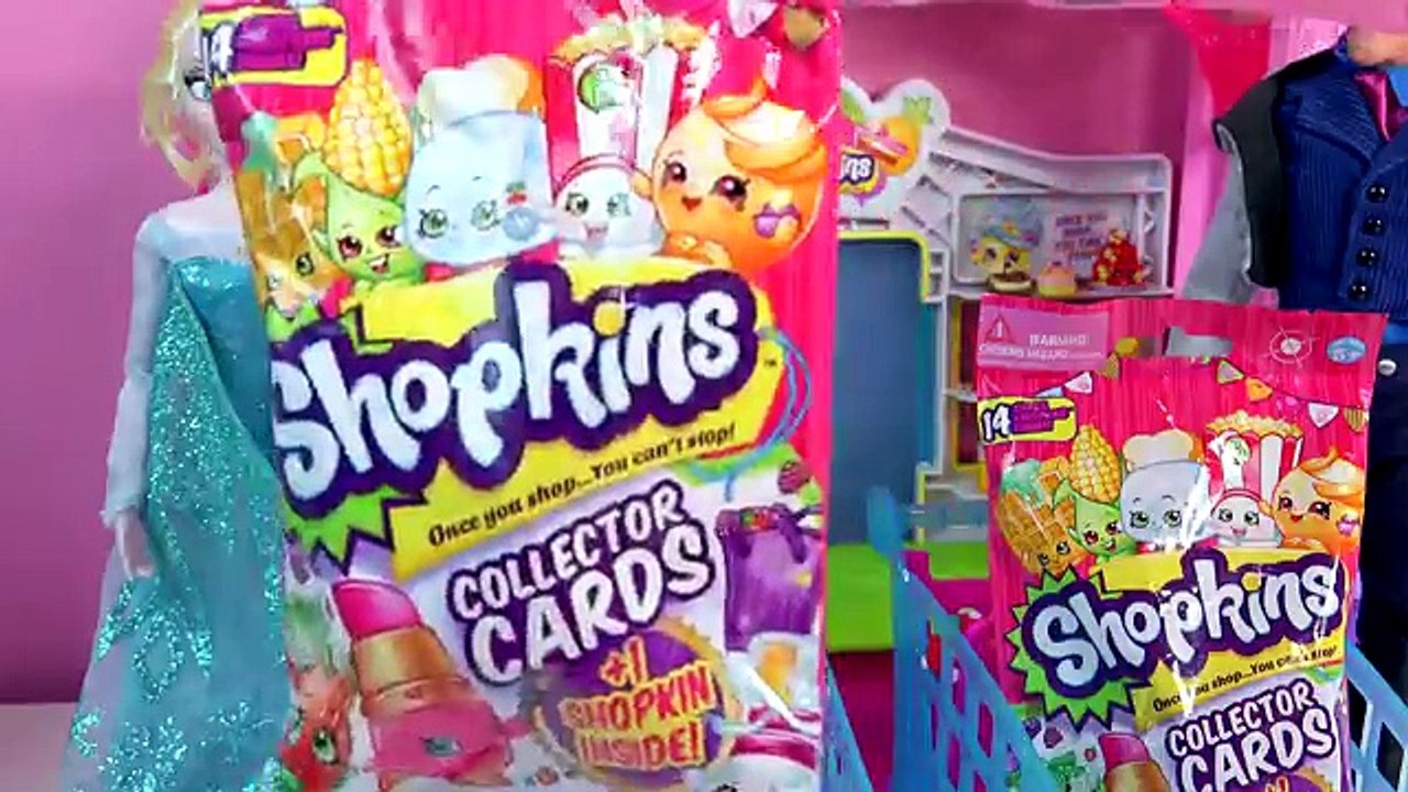 Disney Frozen Queen Elsa VS Prince Hans Unboxing 2 Shopkins Collector Card Blind Bags while Shopping