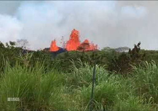 Lava Splatters From Fissure 22 in Kilauea Volcano's Lower East Rift Zone