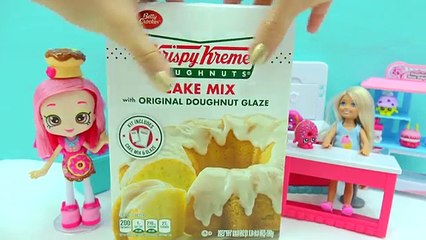 Barbie Kid + Shopkins Shoppies Doll Bake Giant Krispy Kreme Cake Donut - Cooking Video