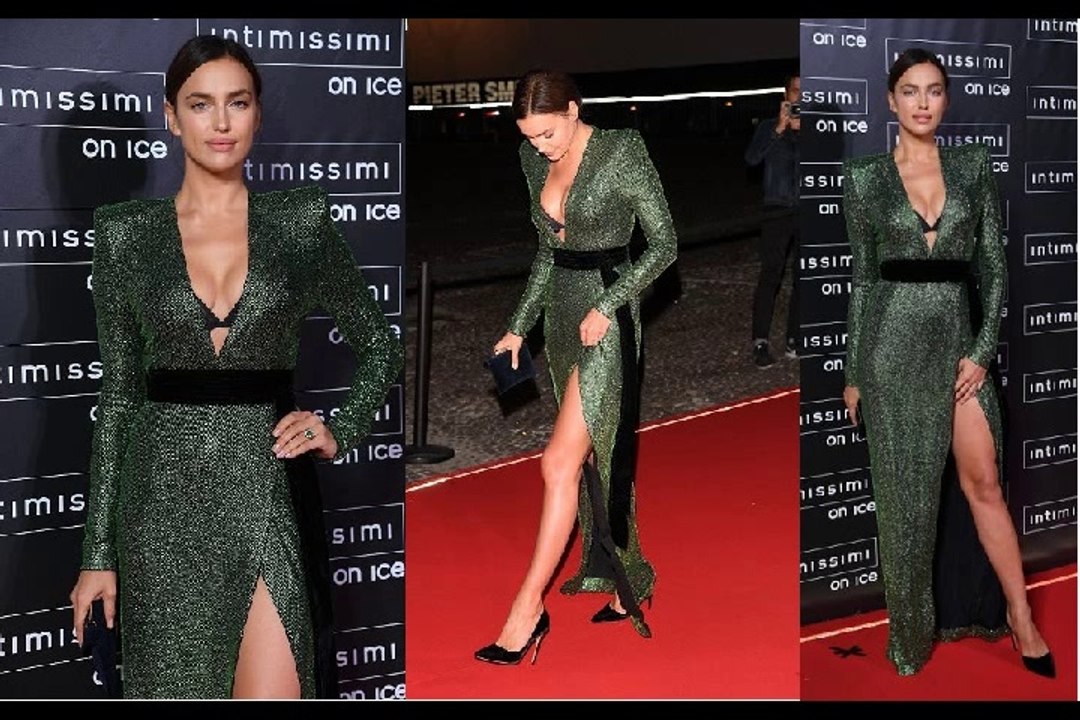 Irina Shayk stuns in plunging emerald green gown slashed daringly high on the thigh as she attends Opera on Ice show in Italy