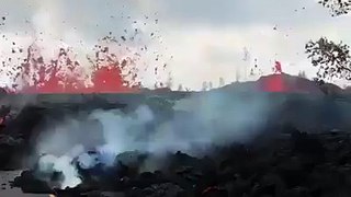 The lava sweeps the road and destroys in a scary sight