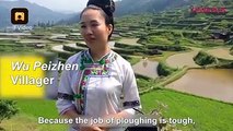 Girls of Dong ethnic group are singing folk songs to encourage farmers while they work. The tradition is still the norm at this village in southwest China's Gui