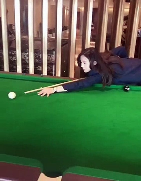 wear office uniform, she play billards, very cute