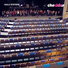 Stadium seating transform into flat floors in a blink of an eye