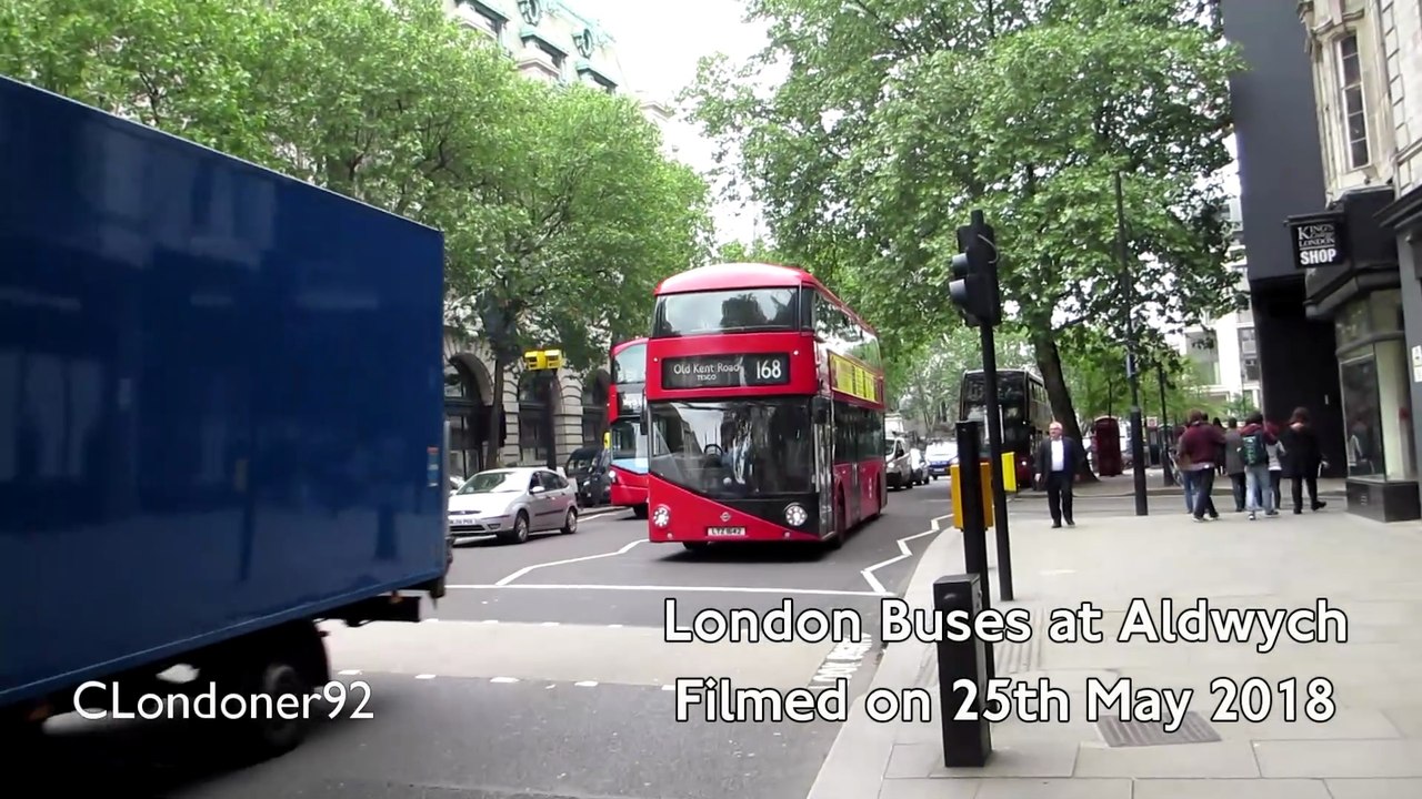 London Buses, New Routemasters, open-top tour buses, trucks and other vehicles at Aldwych - May 2018