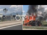 Ora News - Aksident në autostradën Tiranë-Durrës, një makinë përmbyset, tjetra përfshihet nga flakët