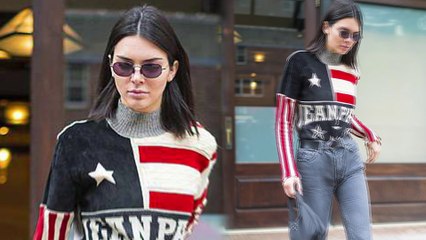Kendall Jenner rocks vintage Jean Paul Gaultier American flag-inspired jumper with jeans in New York