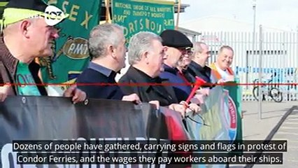 Dozens of protesters gathered in Portsmouth today, calling for Condor Ferries to pay its non-EU workers a living wage.