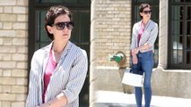 Katie Holmes teams tight jeans with striped blazer as she steps out with damp locks in New York City