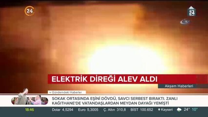 Elektrik direği alev aldı