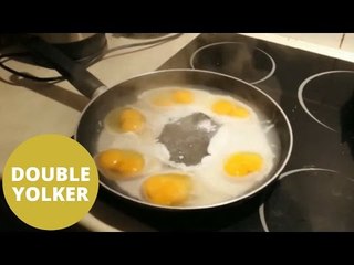 shell-shocked man cracks six double-yolk eggs in a row
