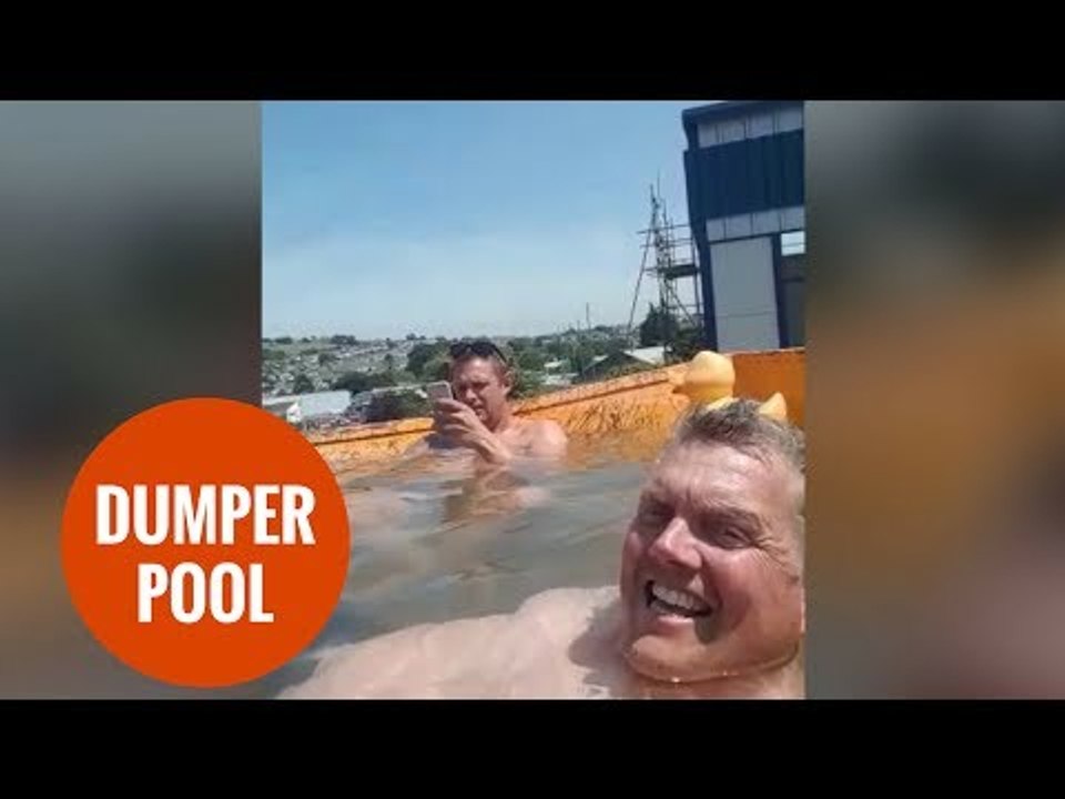 Cheeky builders turn their dumper truck - into a mini SWIMMING POOL