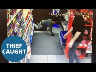 Thief caught stealing childrens' magazines from newsagent on all fours.