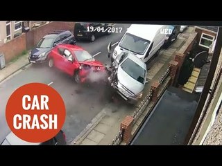 Shocking CCTV shows moment car ploughs into FOUR vehicles