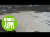 Woman captures British beach completely covered in foam