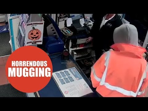 Terrifying moment armed robber threatens pregnant shop-worker with six-inch knife