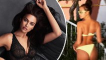 Irina Shayk puts toned tummy on display wearing black lace bra for sultry lingerie snap on Instagram