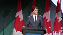 Trudeau interrupted by protester blowing a whistle