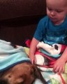 Baby boy tells his dog he loves him