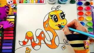 LEARN How to DRAW and COLOR CUTE BABY ANIMALS Coloring Page Snake FOR KIDS to Paint with WATERCOLOR