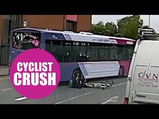Cyclist comes inches from death after being crushed by a car and a bus