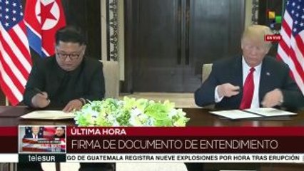 Trump y Kim Jong-un firman documento de entendimiento en Singapur