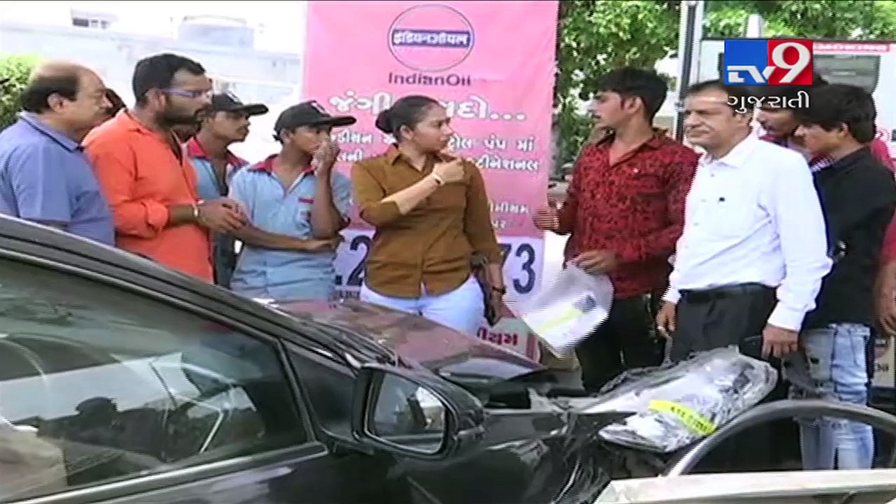 Rajkot: Heart wrenching video shows car hits vehicles, rams into petrol pump, driver absconded