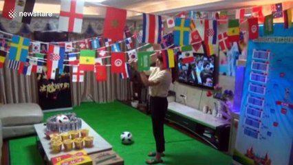 Beer, noodles and TV: Chinese woman transforms living room into ultimate World Cup man cave for husband