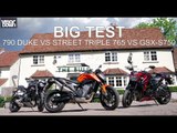 The big test - 790 Duke vs Street Triple 765 vs GSX-S750 | Visordown Road Tests