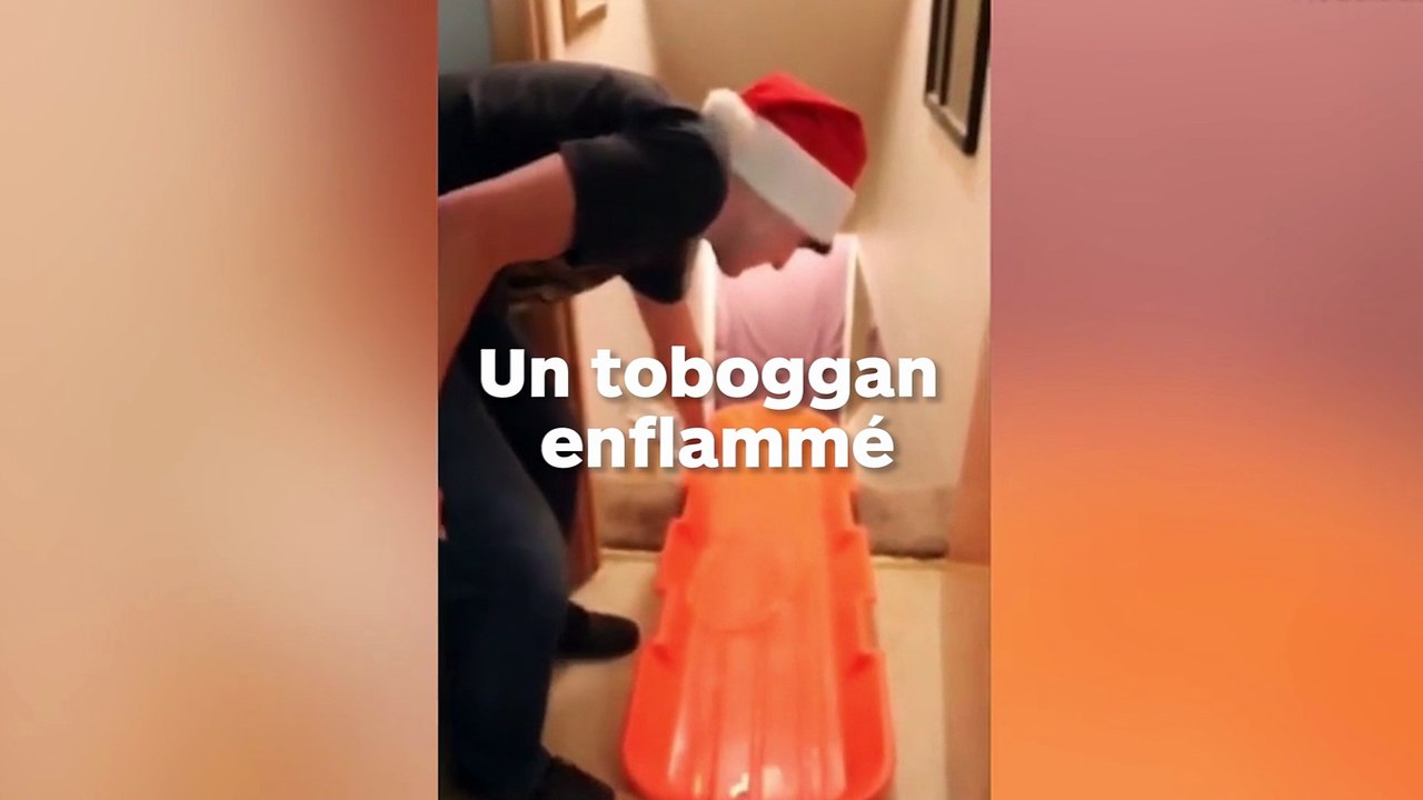 Il glisse dans une luge enflammée dans les escaliers