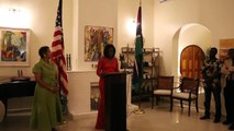 Mandela Washington Fellow Ms. Kujeh Kah speaks on behalf of her colleagues during a reception hosted in their honor at the Ambassador's Residence.