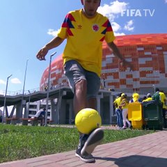 Colombia football fan showing his football skills outside Sochi Stadium, Russia
