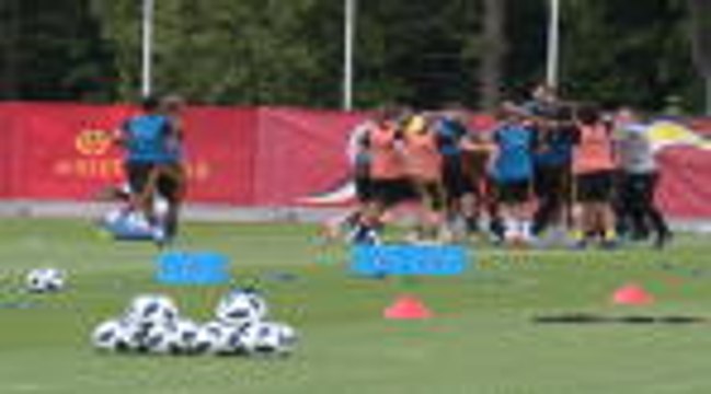 Belgium players celebrate wildly after completing header challenge