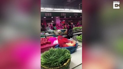 Une bataille de nourriture dans un marché de viande de Shanghai