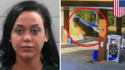 Woman walks away after crashing car into gas station