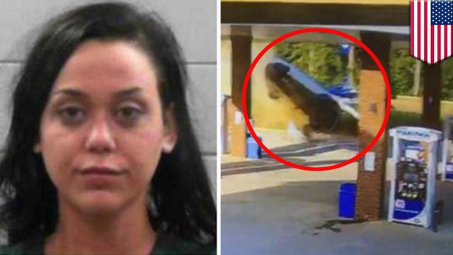 Woman walks away after crashing car into gas station