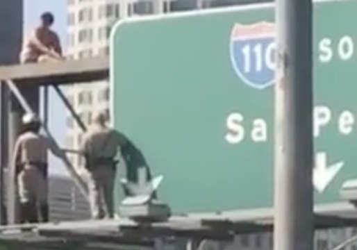 Man in Underwear Taken into Custody After Climbing 110 Freeway Sign in Protest