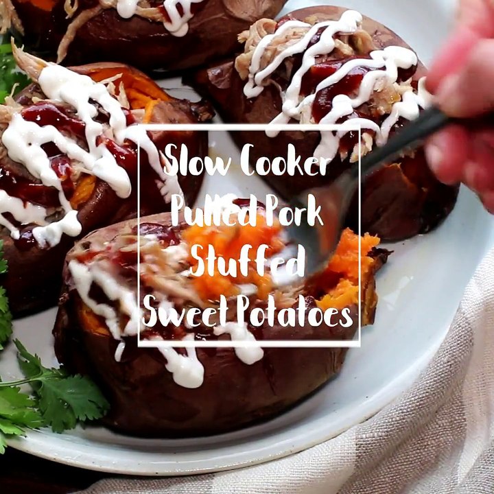 Slow Cooker Pulled Pork Stuffed Sweet Potatoes. A great one pot meal!Recipe: