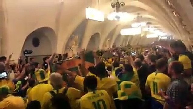 Brazil fans celebrating their teams victory against Serbia at Mosco Metro Station