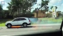 بالفيديو سيدة تقود سيارة كيا سورينتو مشتعلة دون أن تعلم! شاهد ماذا حدث