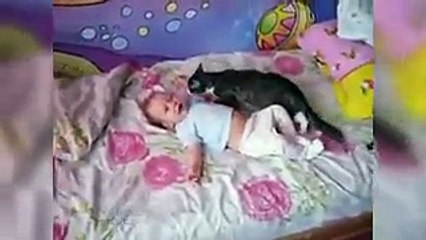 قطة تحتضن طفل حتى يتوقف عن البكاء