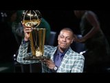 Celtics’ Legend PAUL PIERCE celebrates his #34 retirement by touting the 08 NBA Championship Trophy