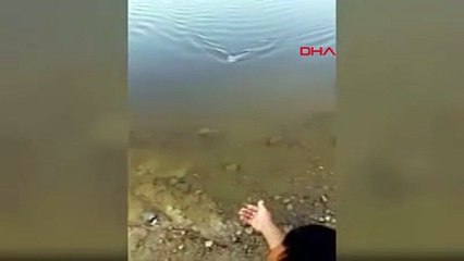 Tuttuğu balığı önce sevdi sonra suya bıraktı