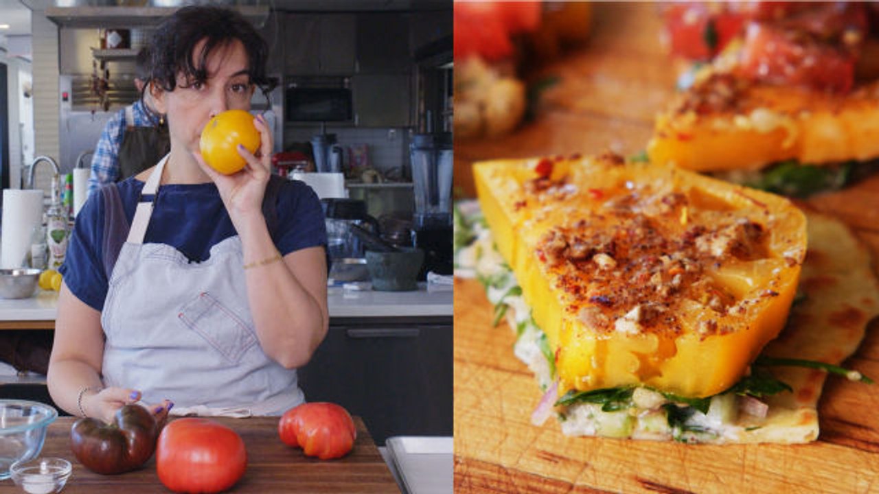 Carla Makes Falafel-Spiced Tomatoes and Chickpeas on Flatbread
