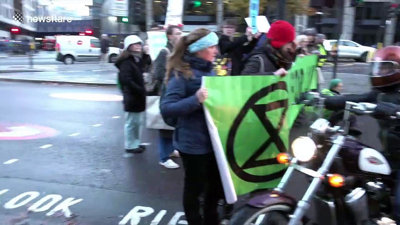 Climate change activists block road at Tower Bridge